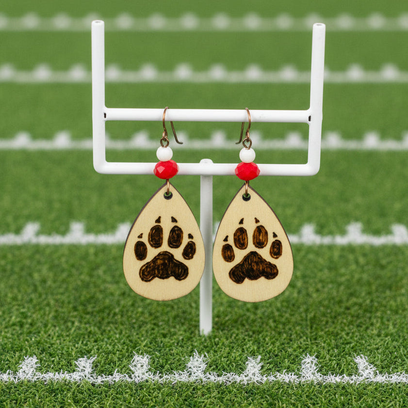 Earrings | Zentangles | Wood-burned | Paw Print | Dangles | Red Faceted Crystal | White Gemstone | 3"