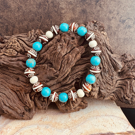 Handpainted Brown Gemstone with Turquoise Magnesite, Off-White, and Gold Beads 8"