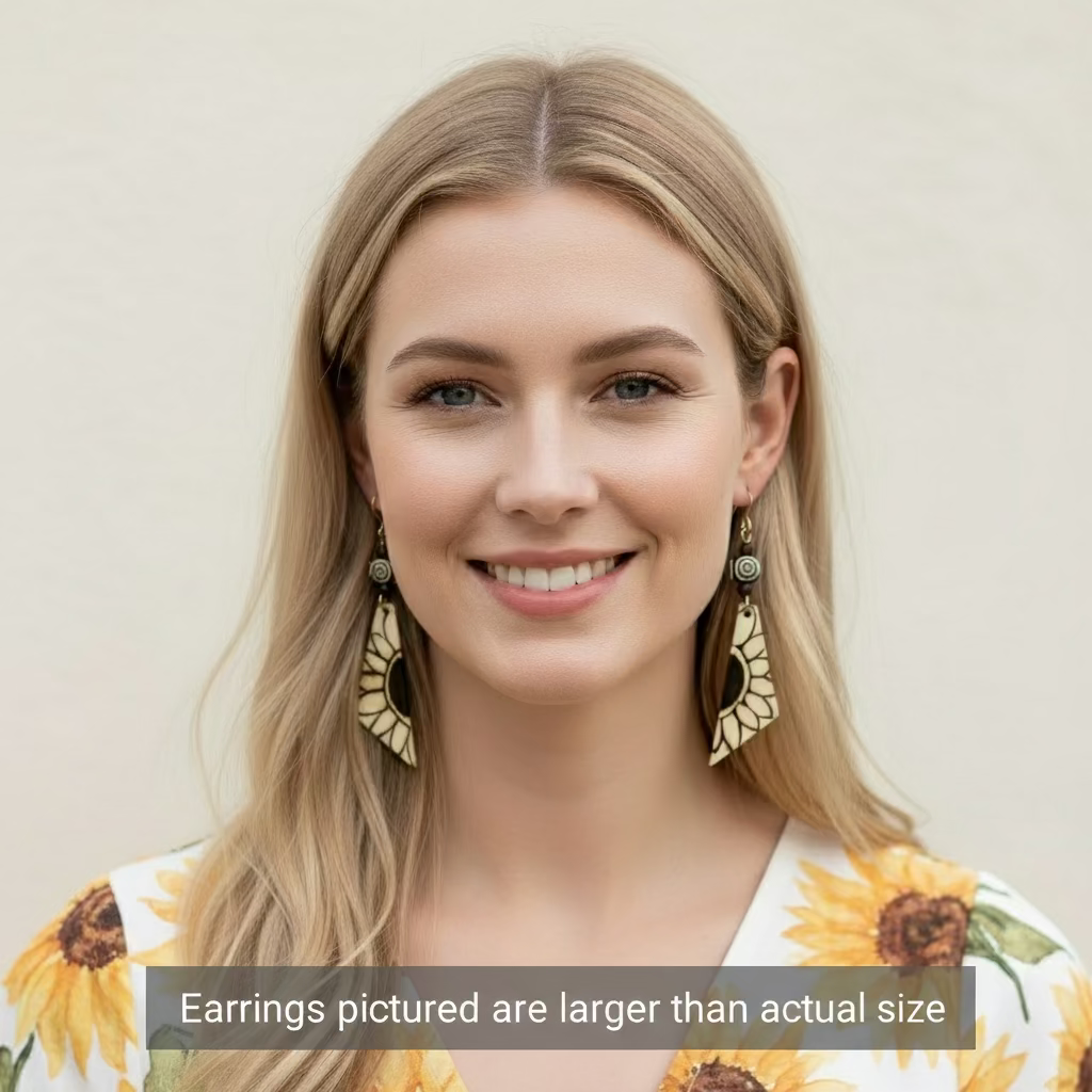 Earrings | Triangles |Zentangled Sunflower Design | Wood-burn | Nepali Bone Beads | 3"