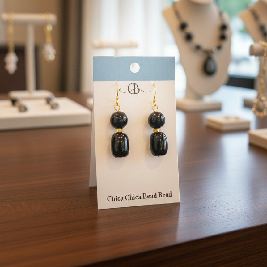 Earrings | Onyx Gemstones | 18K G-plated Discs | 1.5"