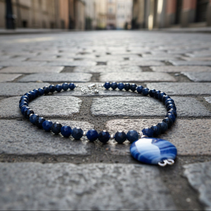 Necklace| Blue Bandit Agate Pendant | Sodalite Gemstones | 16”