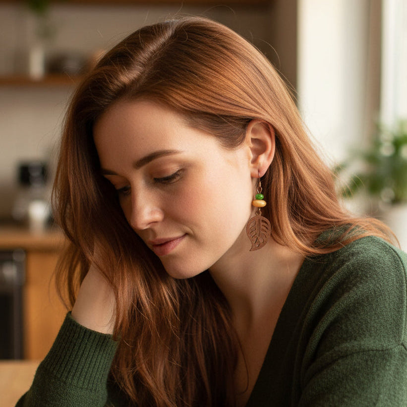 Earrings | Wooden Leaf Charms | Yellow Jade Gemstone | Green Jade Gemtone | 2.5"