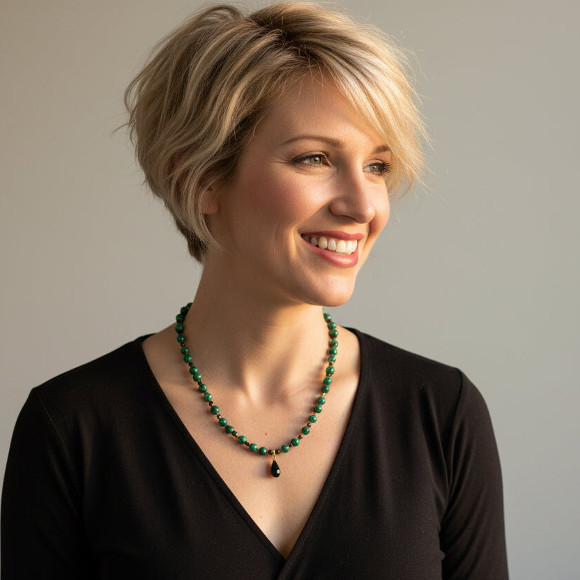 Green Malachite and Black Onyx Necklace with Onyx Briolette Drop 16"