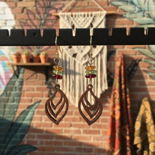 Earrings | Wooden Leaf Charms | Multi-colored Czech Glass Saucer Beads | 2.5"