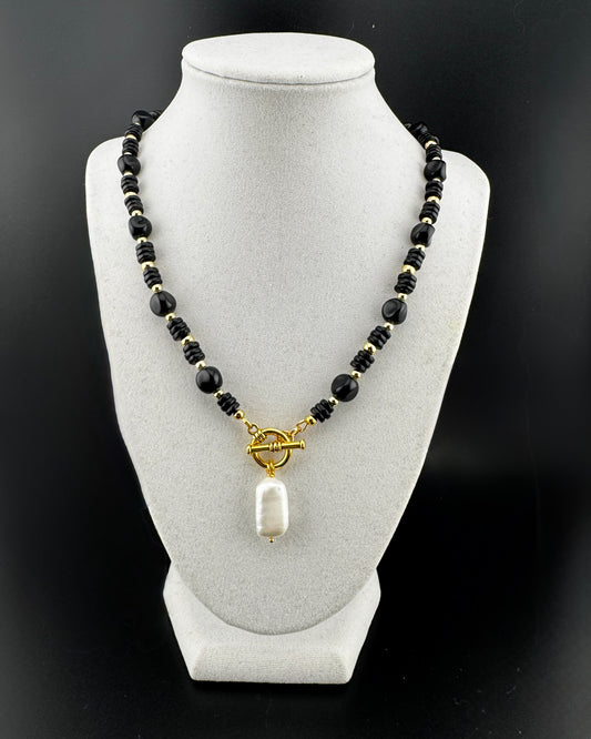 Onyx Toggle Necklace featuring a Rectangular Baroque Pearl 18”