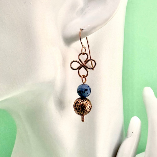 Earrings : Sodalite Gemstones |  Wire-Wrapped Clover Designs | Copper-plated Lava Rocks | 2"