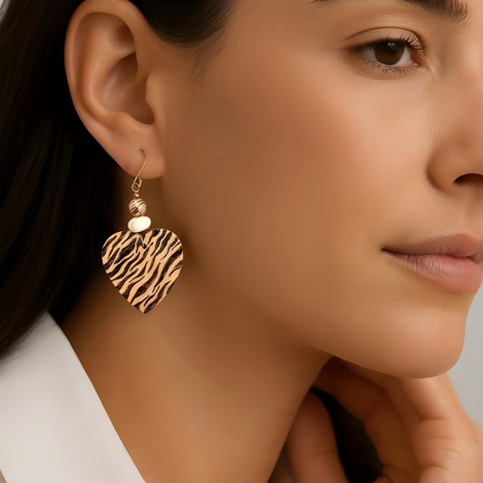 Earrings | Hearts | Zentangled Zebra Design | Wood-burned | Off-white Gemstones | Copper-plated Beads | 2.5"