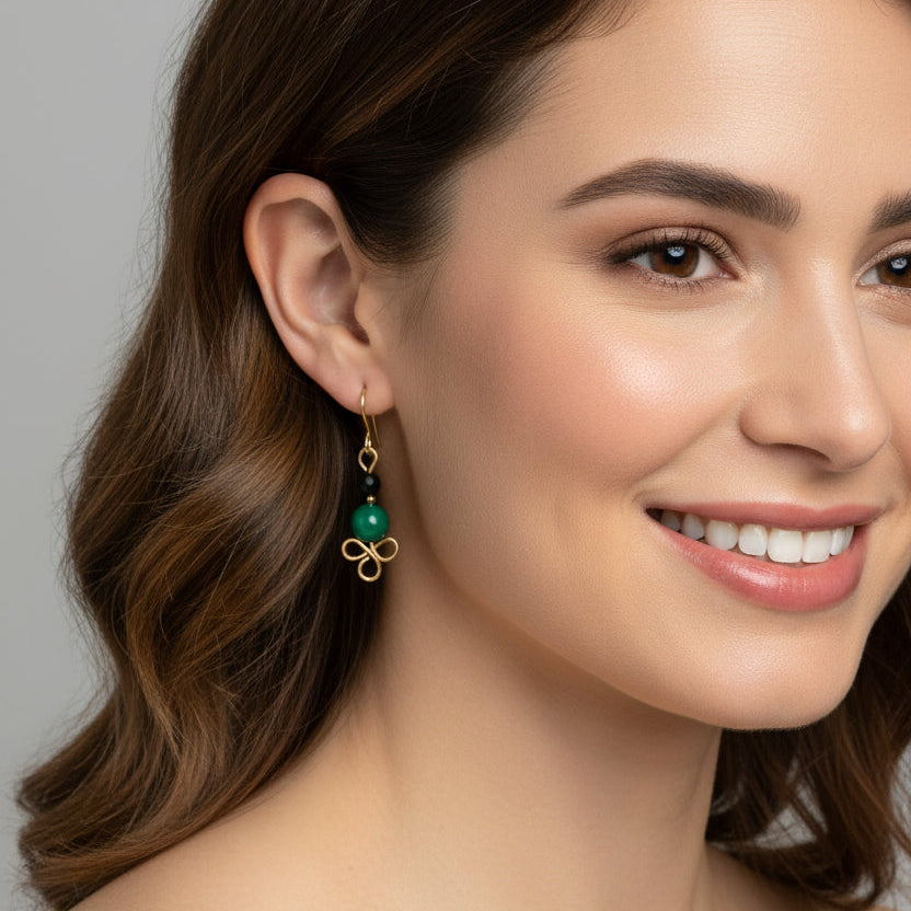 Petite Malachite and Onyx Gemstone Earrings with Wire-wrapped Triple Loop 1.5”