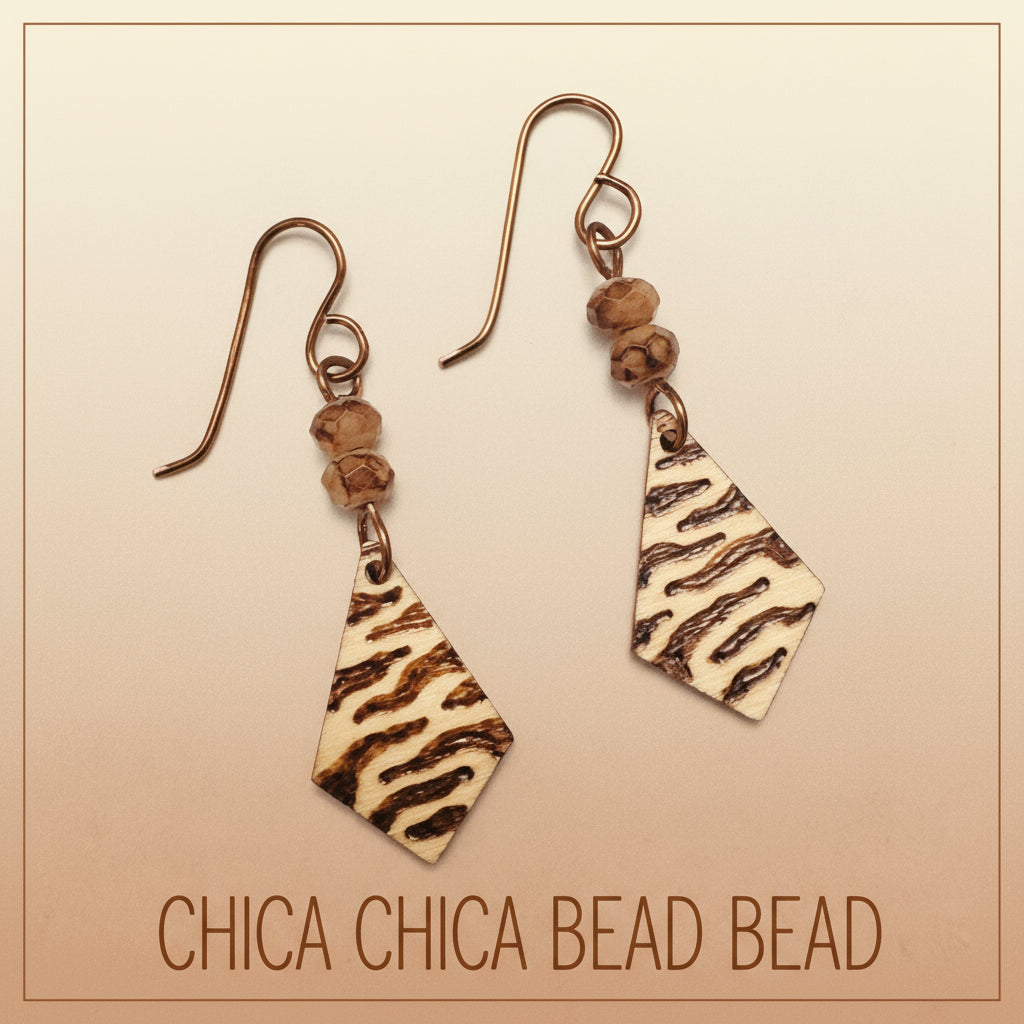 Earrings | Zentangles | Rhombus Shape | Zebra Design | Wood-burned | Small Gemstones | Small Size | 1.5"