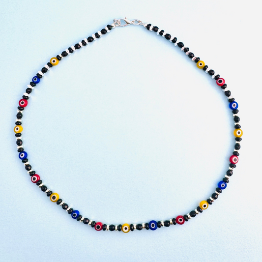 Necklace | Multi-colored Evil Eye Glass Beads | Onyx Gemstones | Silver Plated Hematite | 16"
