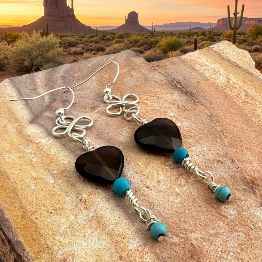 Earrings | Wire-wrapped Clover | Smokey Topaz Heart  | Czech Glass Beads | Turquoise Bead  | 3"