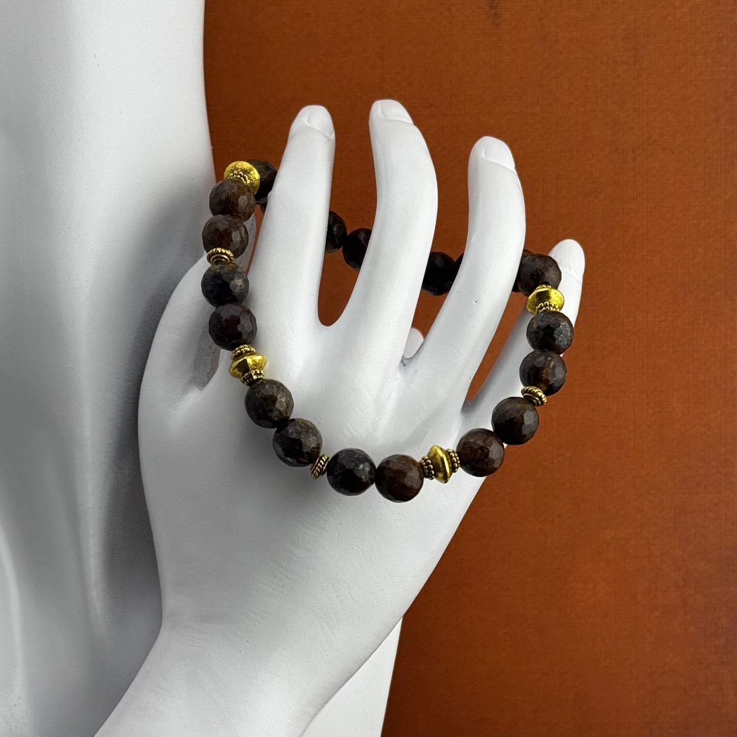 Bracelet | Brown Bronzite | Brass Decorative Beads | Stretch