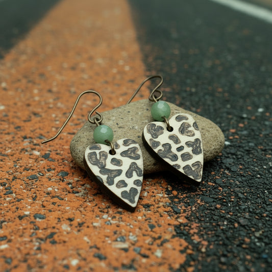 Earrings | Zentangles | Heart-shaped | Cheetah Designs | Green Jade Gemstones | Small Design | 1.5"