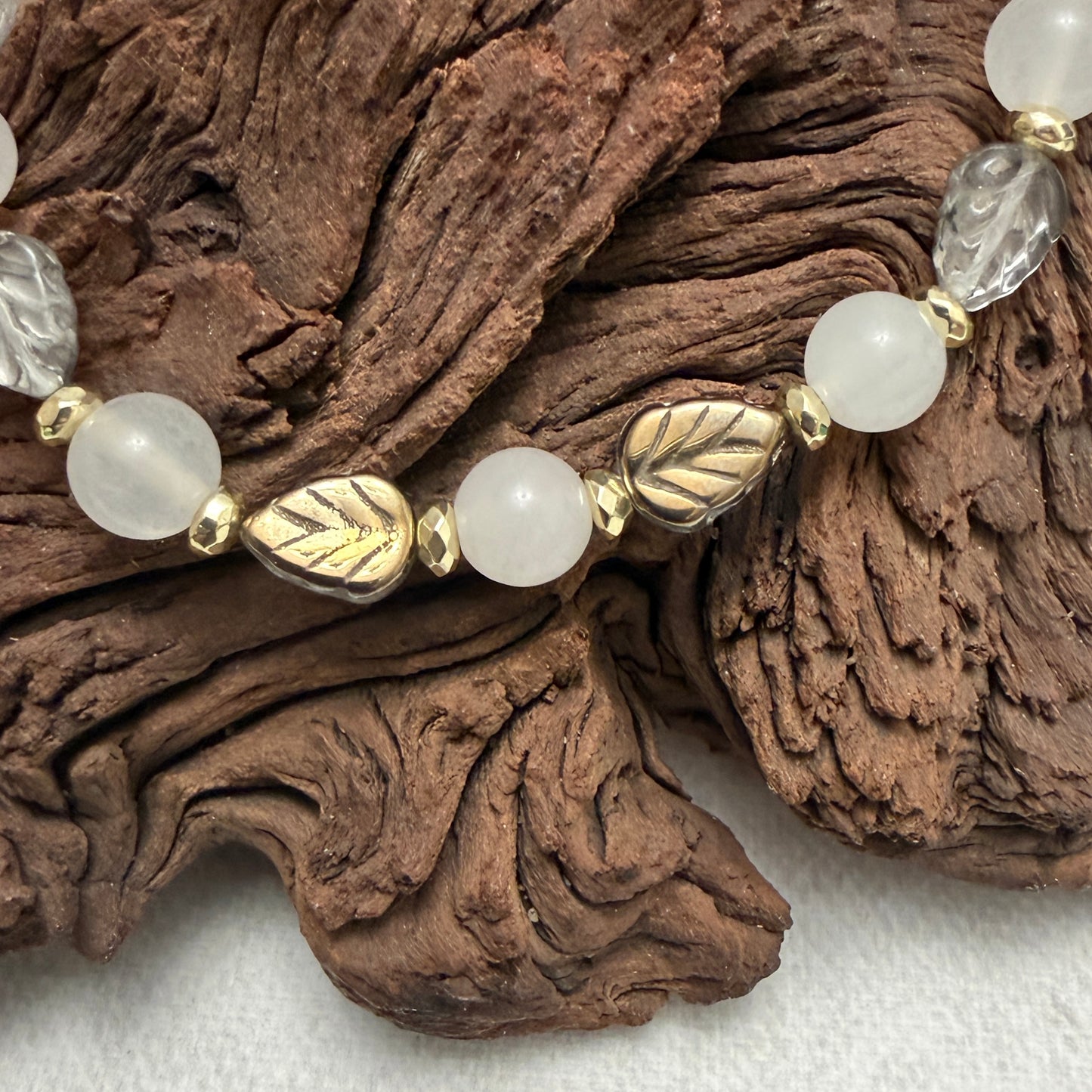 Bracelet | Czech Beads | Gold and Silver Leaves | Moonstone | Silver-Plated Discs | Stretch