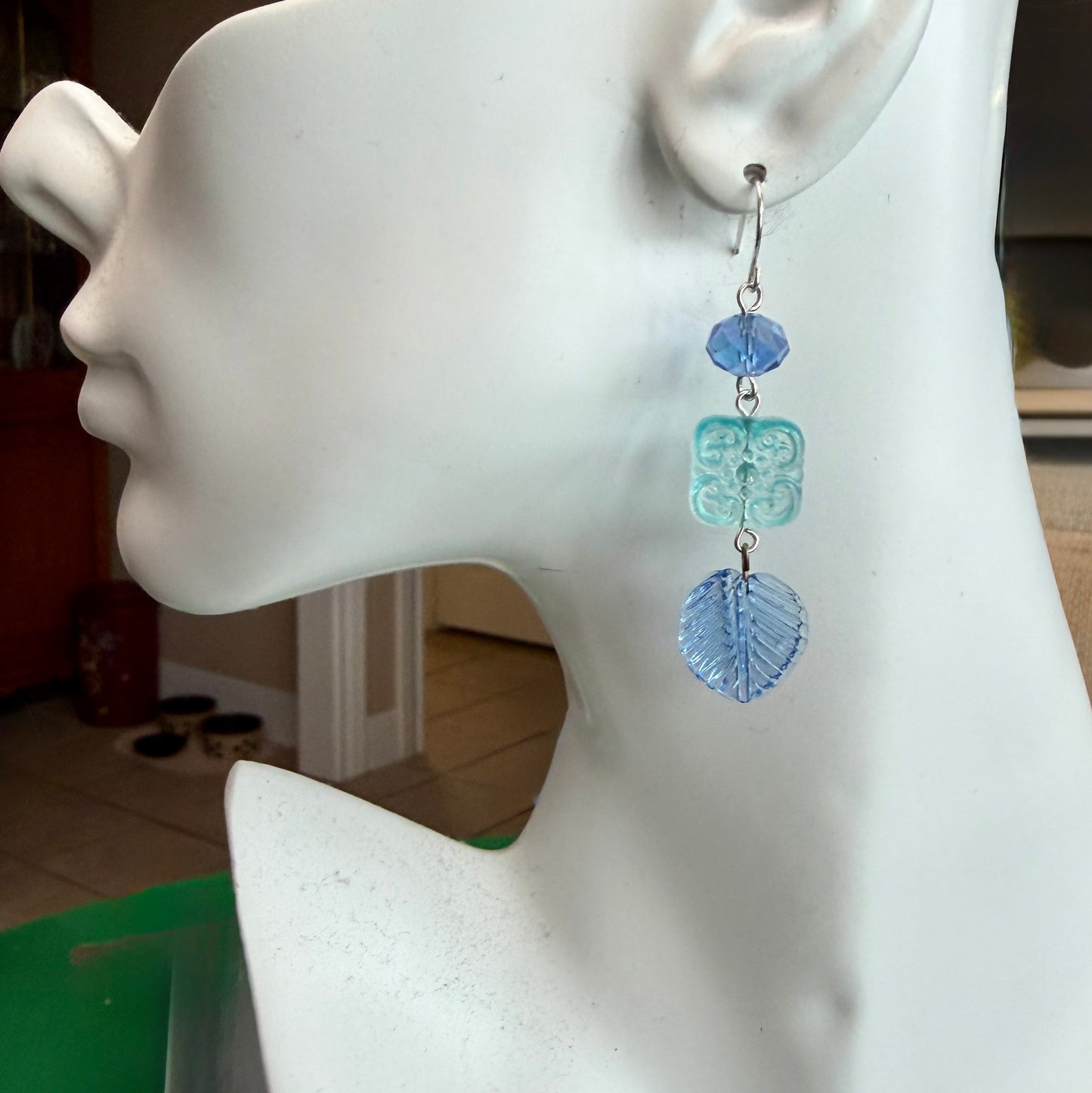 Earrings | Blue Crystal | Square Glass Czech Bead | Blue Translucent Leaf |2.5”