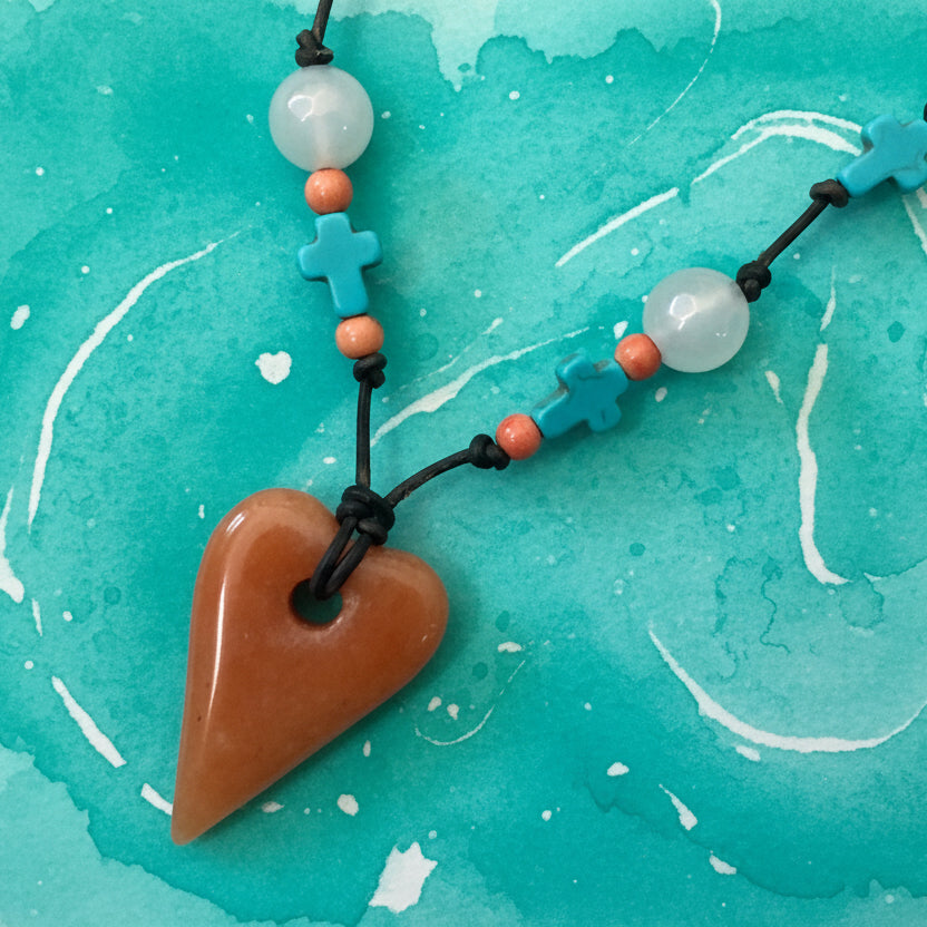 Leather Necklace | Red Aventurine Heart Pendant | Turquoise Magnesite Mini-Crosses | Misty Agate Beads | 18” | 2” Extention