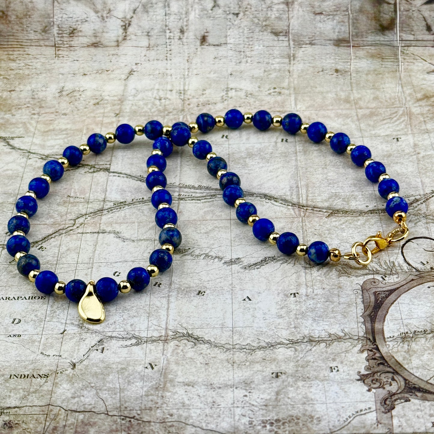 Lapis and Gold Necklace with Unique Focal Bead 16”
