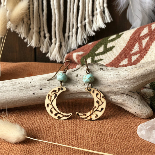 Earrings | Zentangles | Czech Glass Beads | Moon Shape | Fern Design | Wood-burned | Small Size | 1.5"