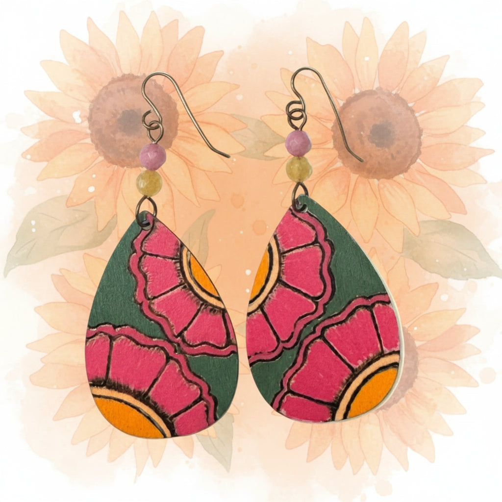 Earrings | Teardrop | Pink Sunflowers | Yellow Citrine | PinkQuartz | 3”