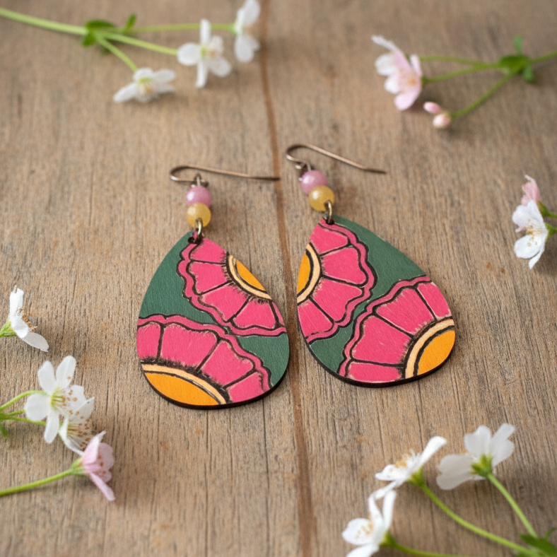Earrings | Teardrop | Pink Sunflowers | Yellow Citrine | PinkQuartz | 3”
