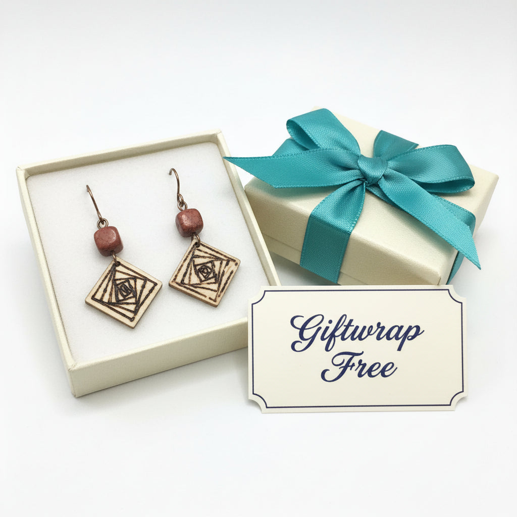 Earrings | Square Shaped | Zentangled Lines | Wood-burned | Small Size | Red Jasper || 1.5"