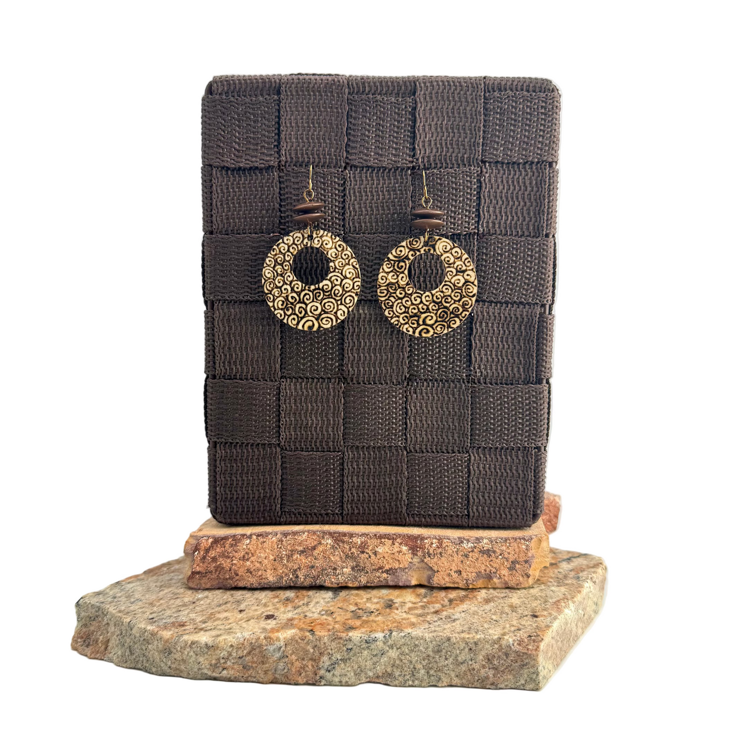 Earrings | Hoop |Zentangled Printemps Design | Wood-burned | Copper Saucer Beads | 2.5"