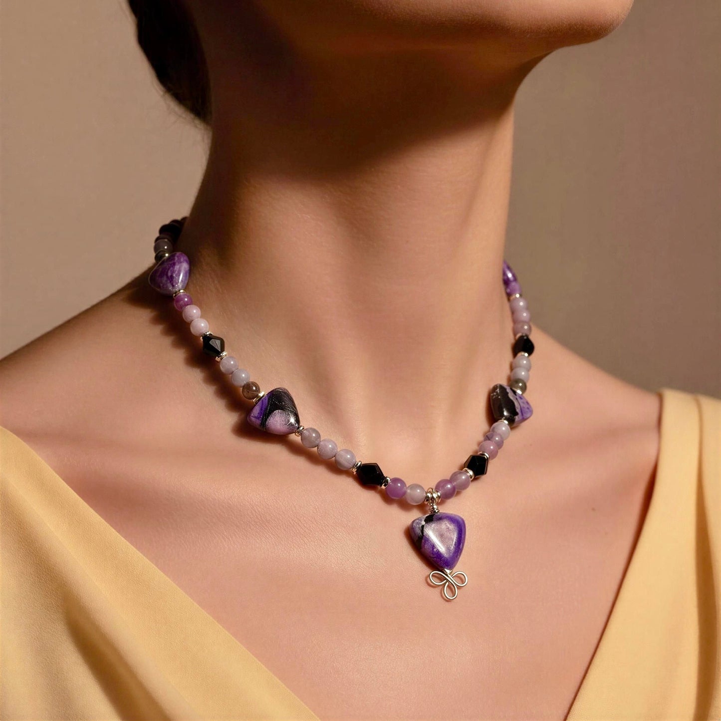 Necklace | Purple Lepidolite | Faceted Onyx | Silver-plated Spacer Beads | 18"
