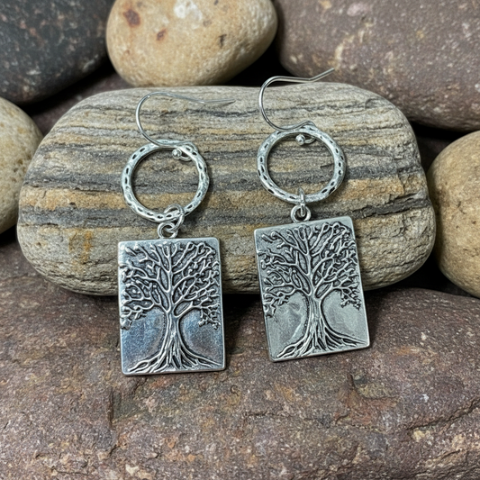 Antique Silver Tree of Life Rectangular Earrings 2 1/2”