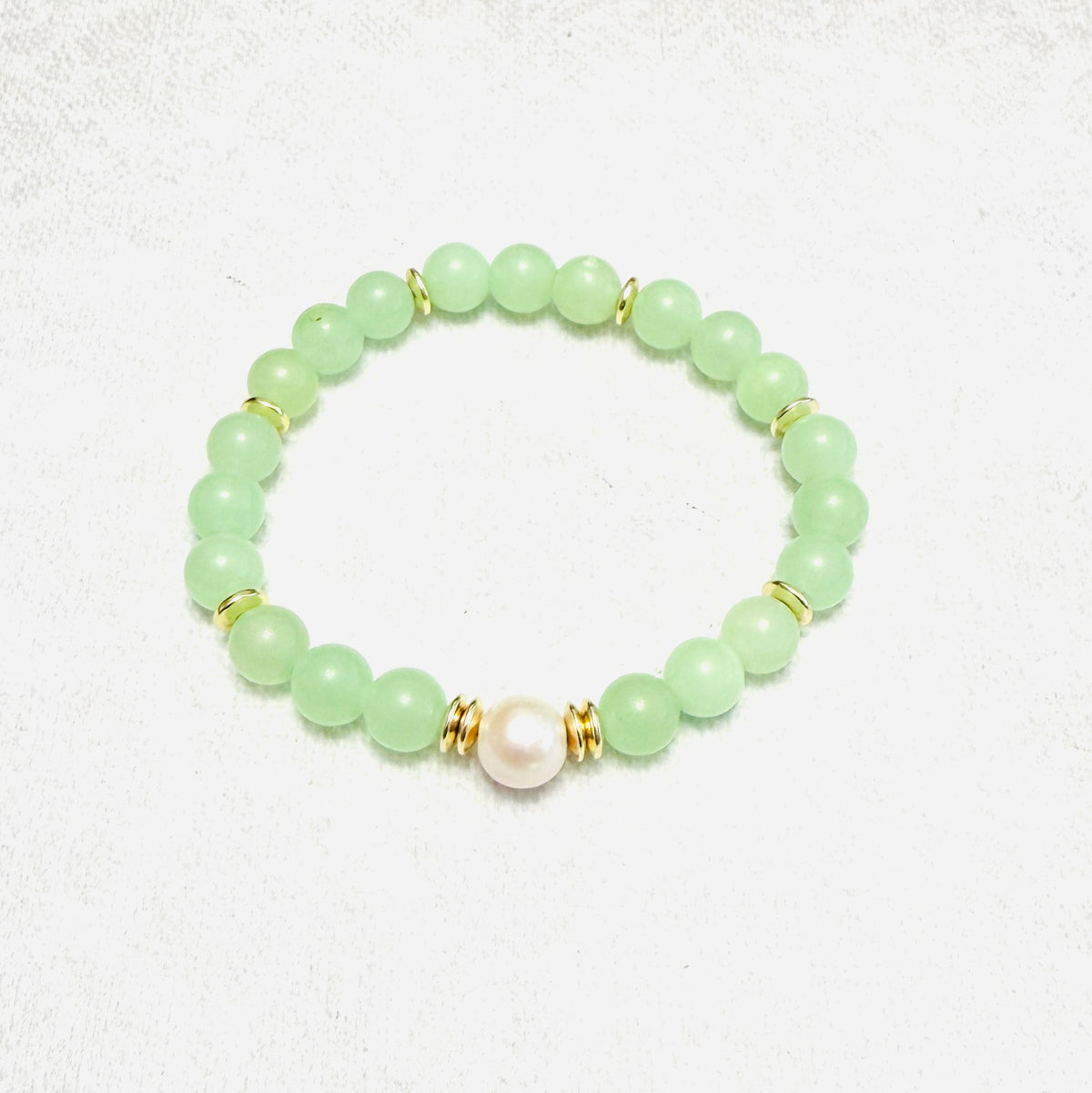 Bracelet | Freshwater Pearl Green Jade Gemstones | 18K Gold-plated Saucer beads | Stretch