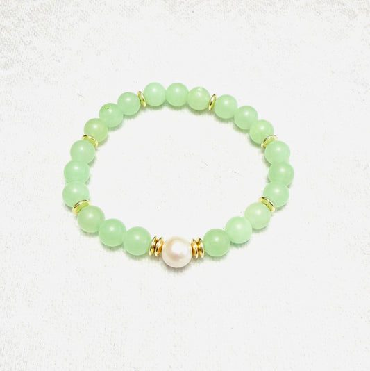Bracelet | Freshwater Pearl | Assorted Jade Gemstones | 18K Gold-plated Saucer beads | Stretch