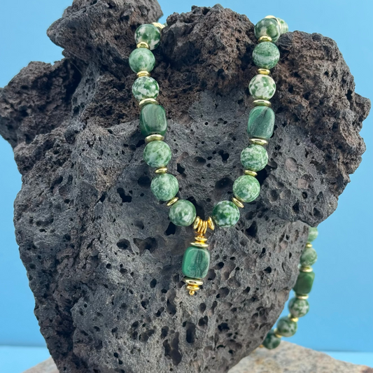 Necklace | Moss Agate Gemstones | Nephrite Jade Cube Beads |18K Plated spacers | 18”