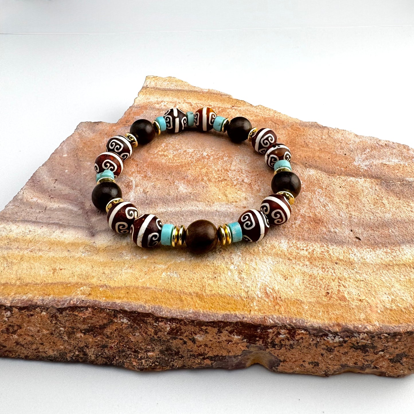 Handpainted Brown Gemstone with Turquoise Magnesite, Wooden Beads, and Gold Beads 7.75"