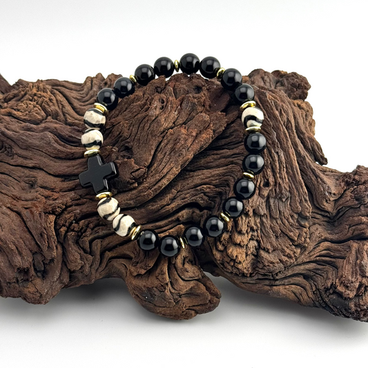 Bracelet | Zebra Jasper | Onyx Cross | Onyx Beads | Gemstones | 18K Gold-plated Hematiteh