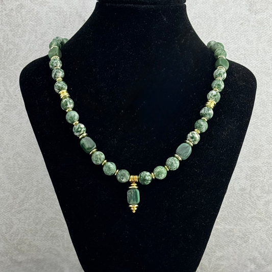 Necklace | Moss Agate Gemstones | Nephrite Jade Cube Beads |18K Plated spacers | 18”