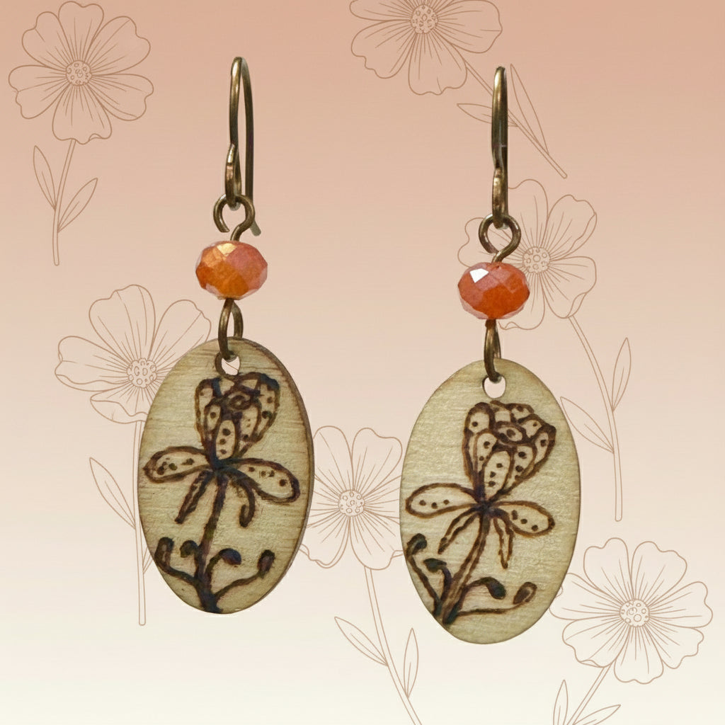 Earrings | Zentangles | Oval Shape | Floral Design | Wood-burned | Small Size | 1.5