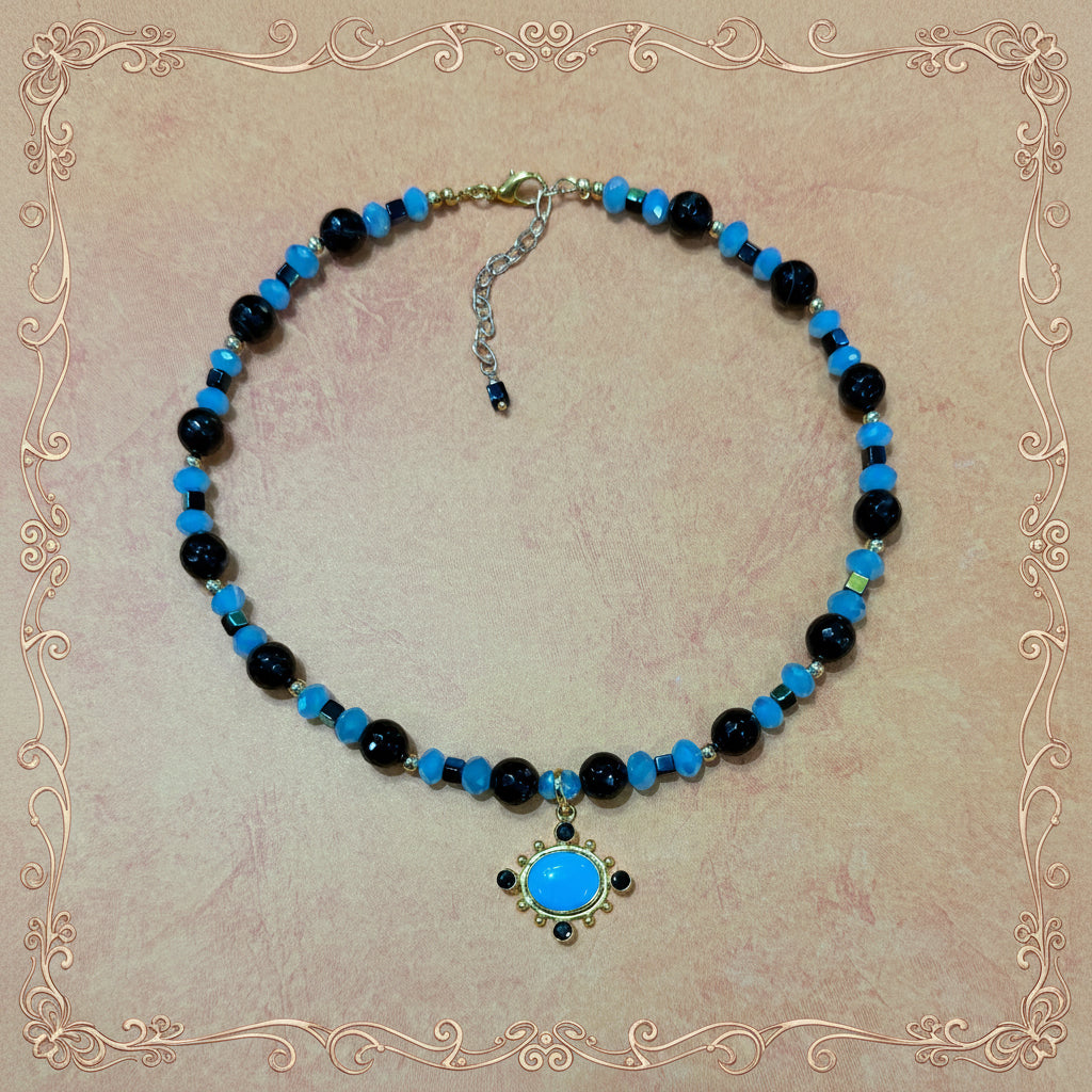 Turquoise Glass Beads  and Onyx Gemstones with a Turquoise and Onyx Pendant 18.5”