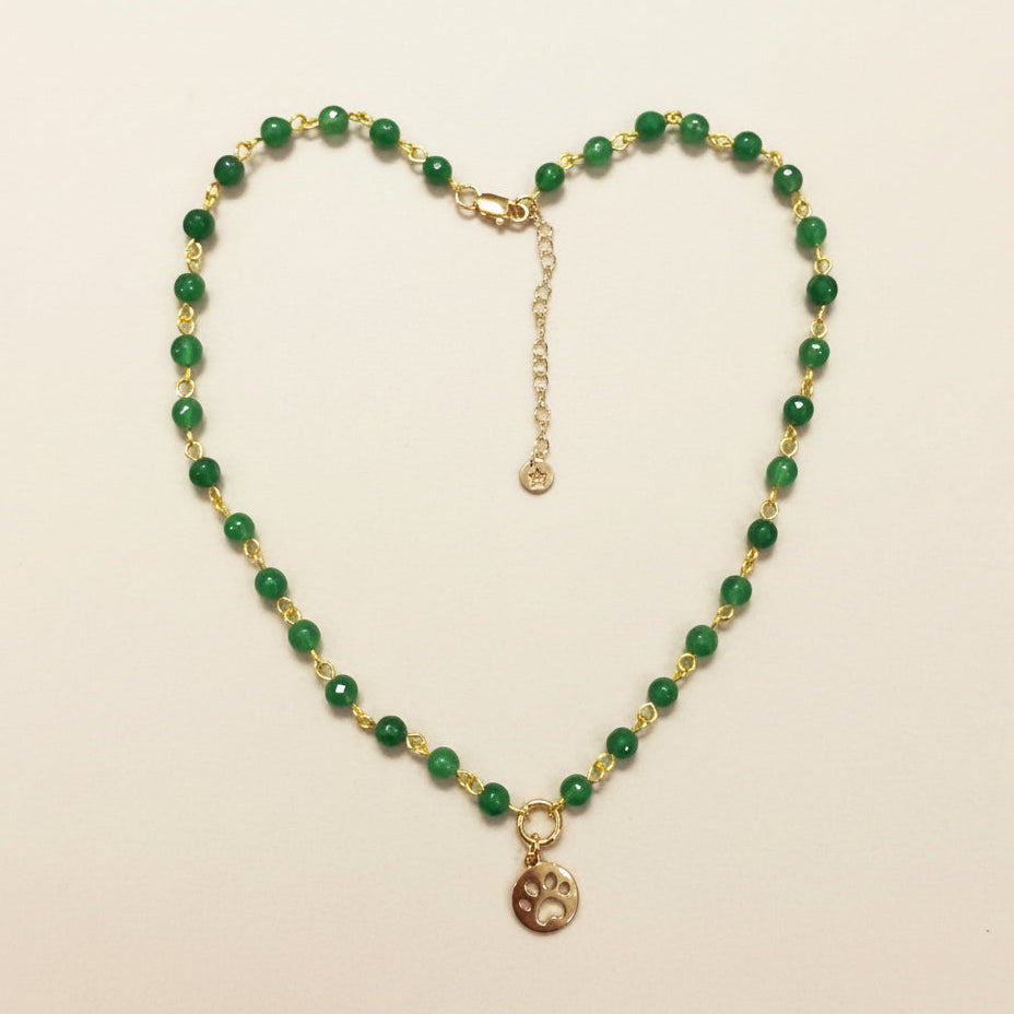 Green Jade Beaded Necklace with PawPrint Charm | 16” with 2” Extension