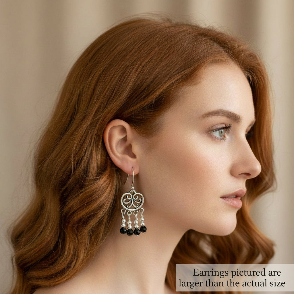 Earrings | Black Onyx | Chandelier | Dangle | Antique Silver | 1.5"
