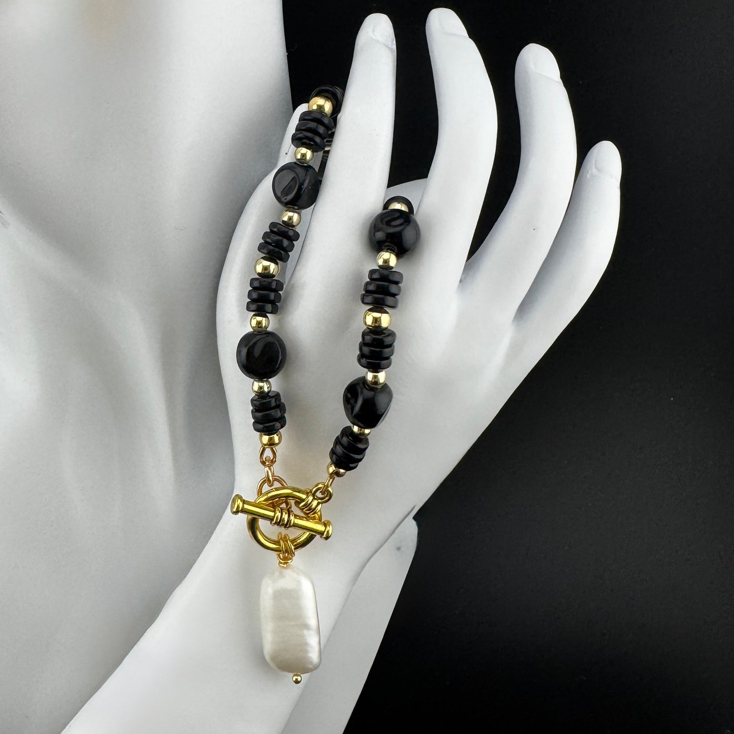 Onyx Toggle Necklace featuring a Rectangular Baroque Pearl 18”