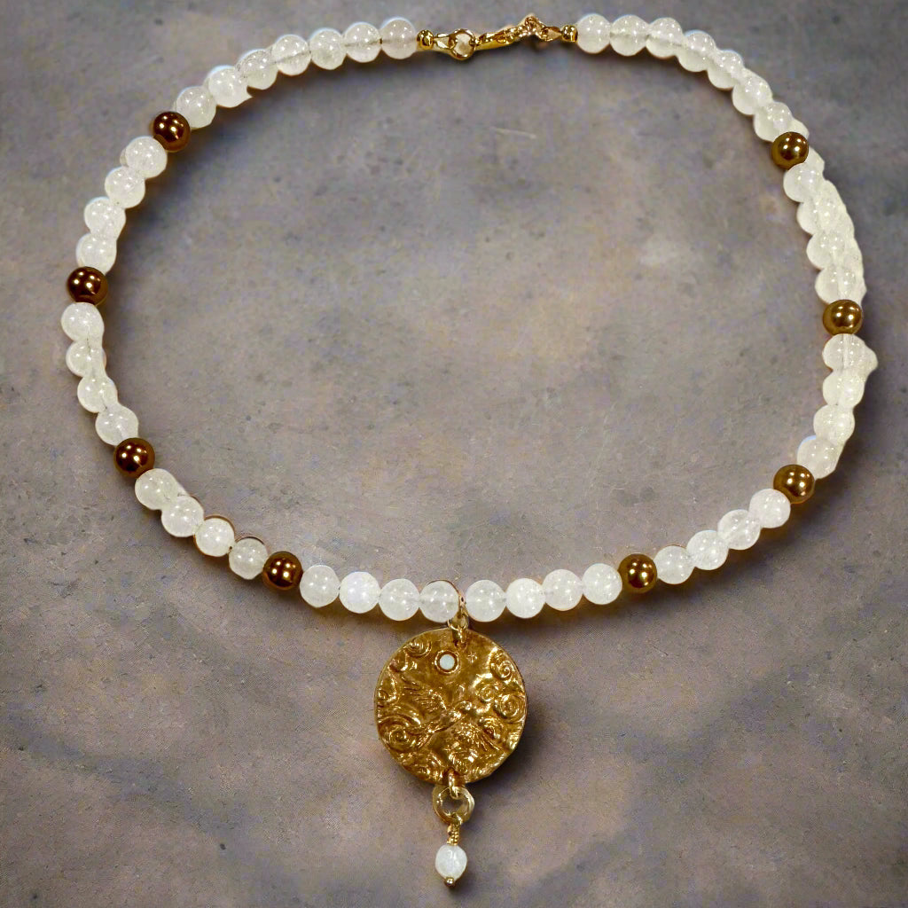 Moonstone and Bronze Pearl Necklace with Brass Pendant  17"