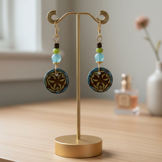 Ceramic Earrings with Gemstones and Wooden Beads  2.5”