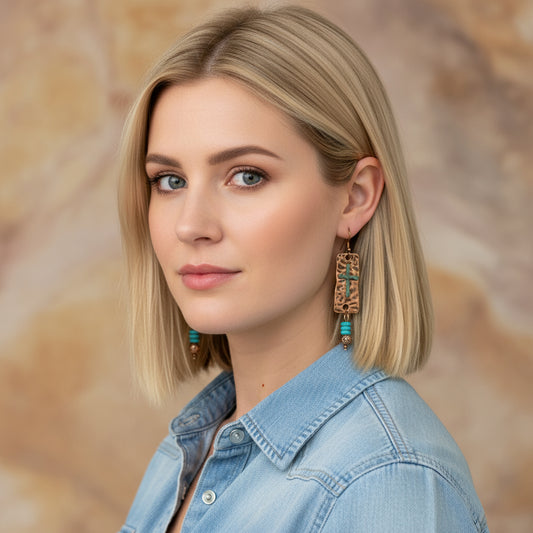 Earrings | Hammered Copper Bar with Turquoise Crosses | Turquoise Gemstones | Copper-plated Lavastone | 3"