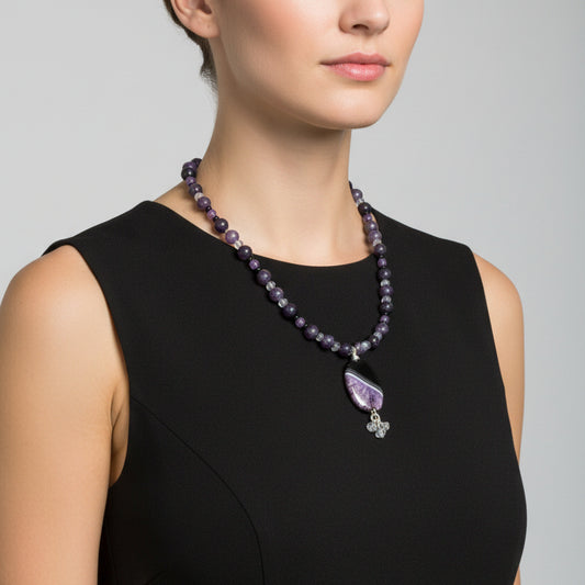 Necklace | Black & Amethyst Agate Pendant | Onyx | Purple Lepidolite & Amethyst Gemstones | 22”