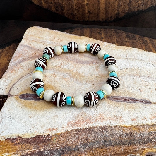Handpainted Brown Gemstone with Turquoise, Off-White, and Gold Beads 7.75"