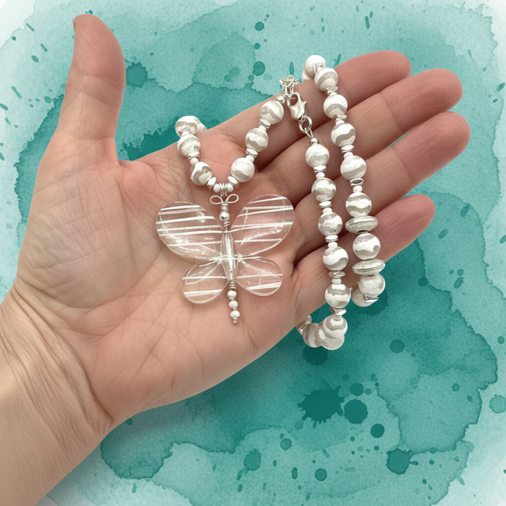 White & Tan Zebra Jasper Gemstone Necklace with Butterfly Focal Pendant 16” + 2" Extension