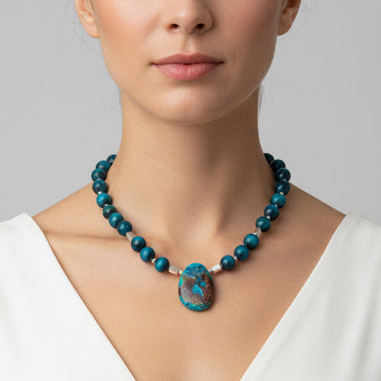 Necklace | Tigereye Gemstones | Chrysocolla Pendant | 16”