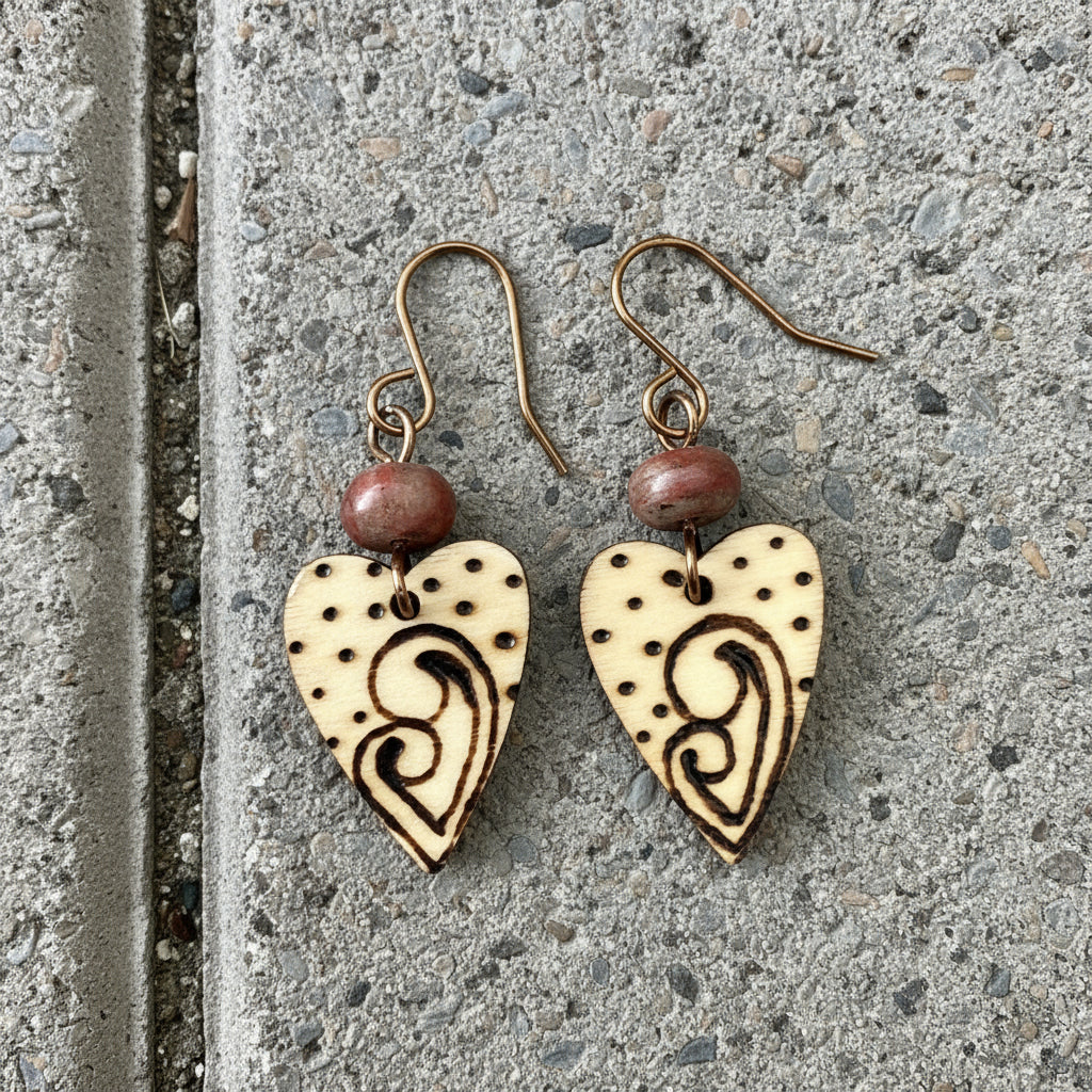 Earrings | Zentangled Heart | Minisize | Red Sponge  Coral |Antique Brass Findings | 1.5”