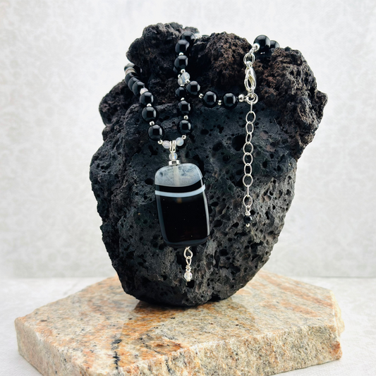 Necklace | Onyx Gemstones | Moonstones | Black & White Agate Pendant | 20.25" | 2" Ext