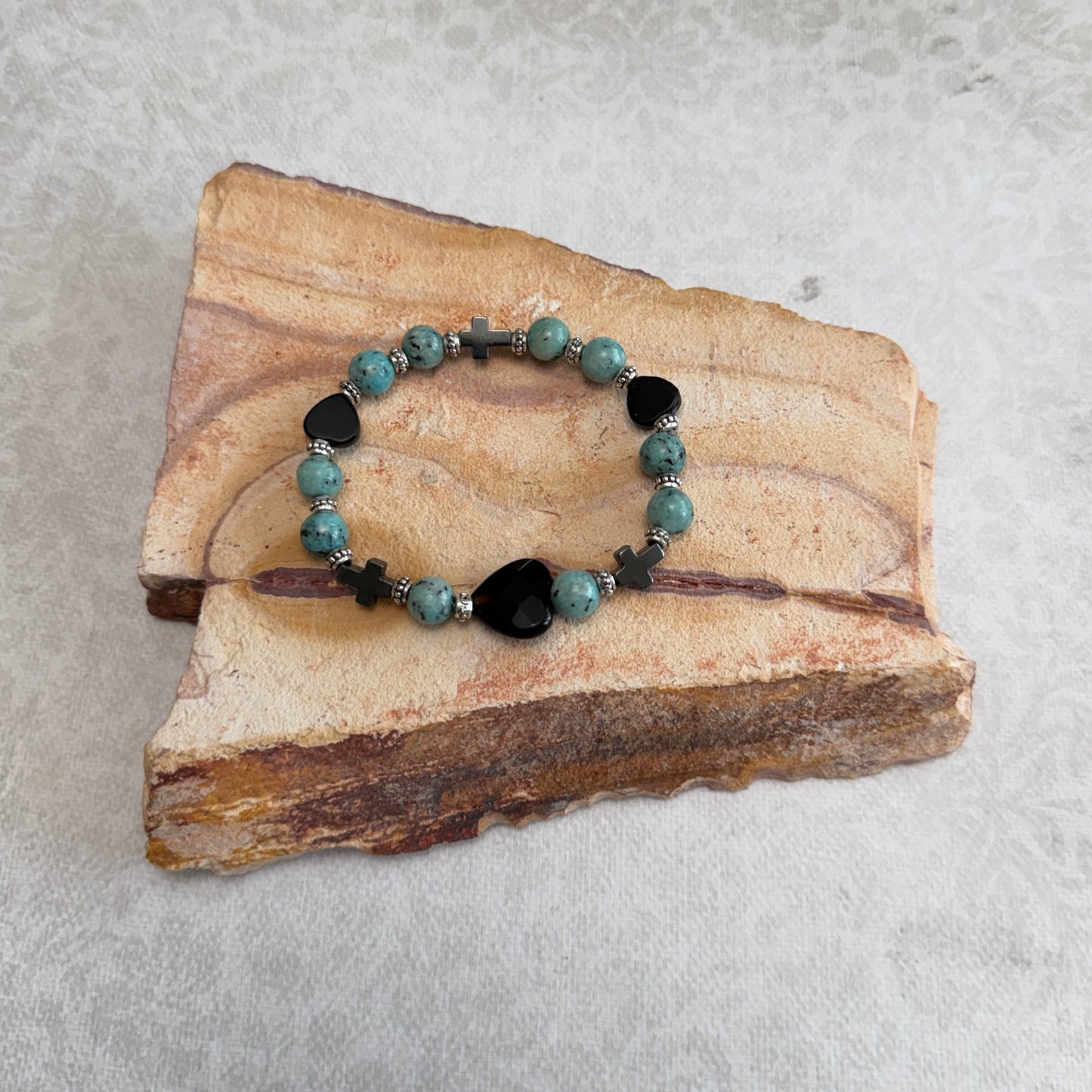 Bracelet | Turquoise | Onyx Hearts | Hematite Cross |