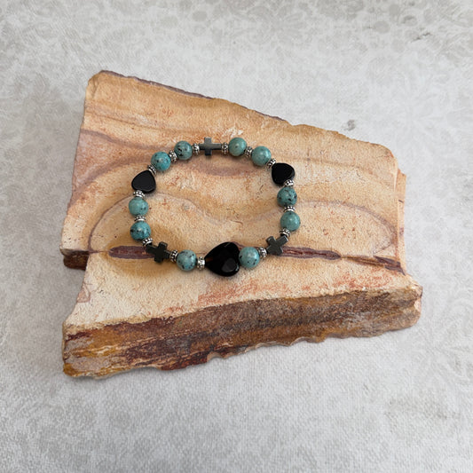 Bracelet | Turquoise | Onyx Hearts | Hematite Cross | Pewter Spacers